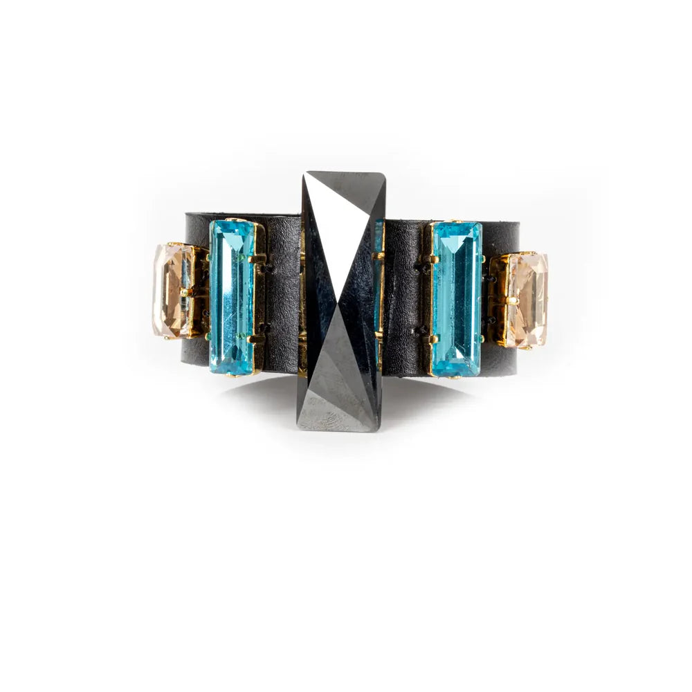 The Dark Black Leather Cuff with Blue & Champagne Crystals