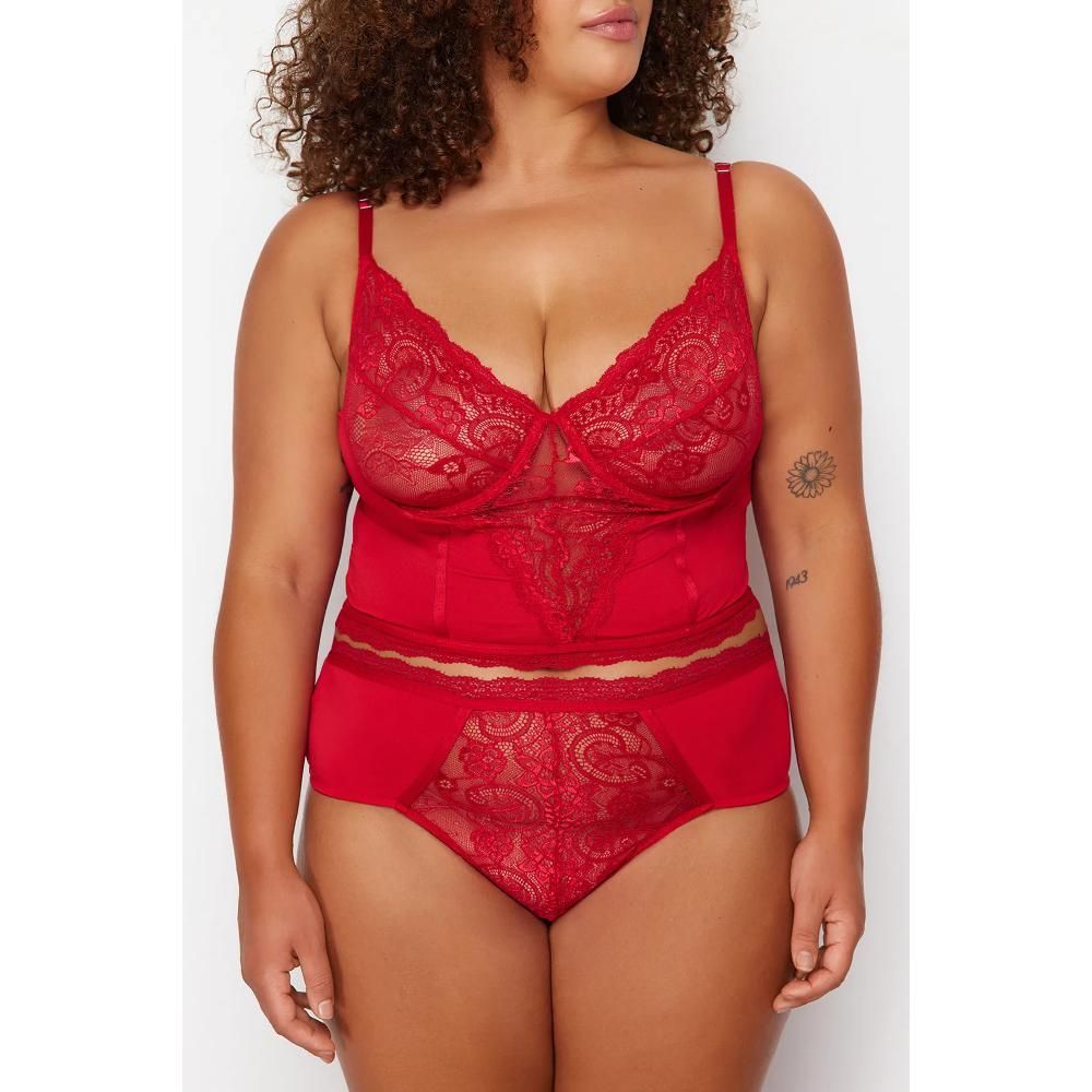 Large Size Red Lace Detailed Bustier-Panties Underwear Sets