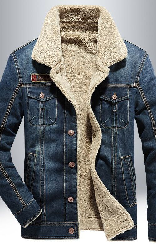 Men Winter Denim Jacket Slim Fit Fleece Casual Coat Lapel Thick Warm Outwear