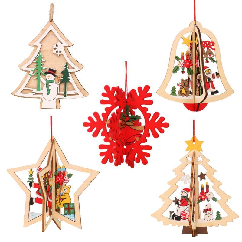 5pcs Christmas Tree Hanging Ornament Xmas Wooden Pendant Home Party Decorations