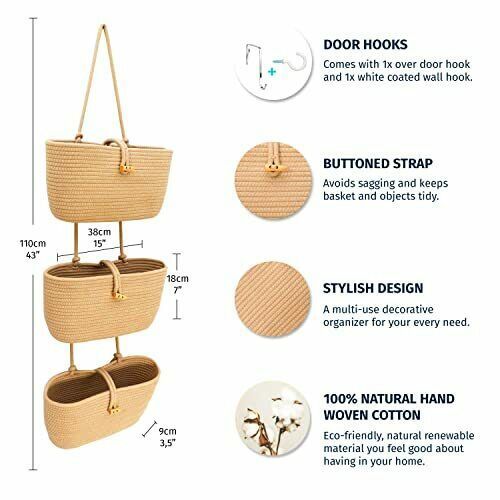 3 Tiers Cotton Rope Woven Wall Hanging Storage Basket Over The Door Hanging Organizer