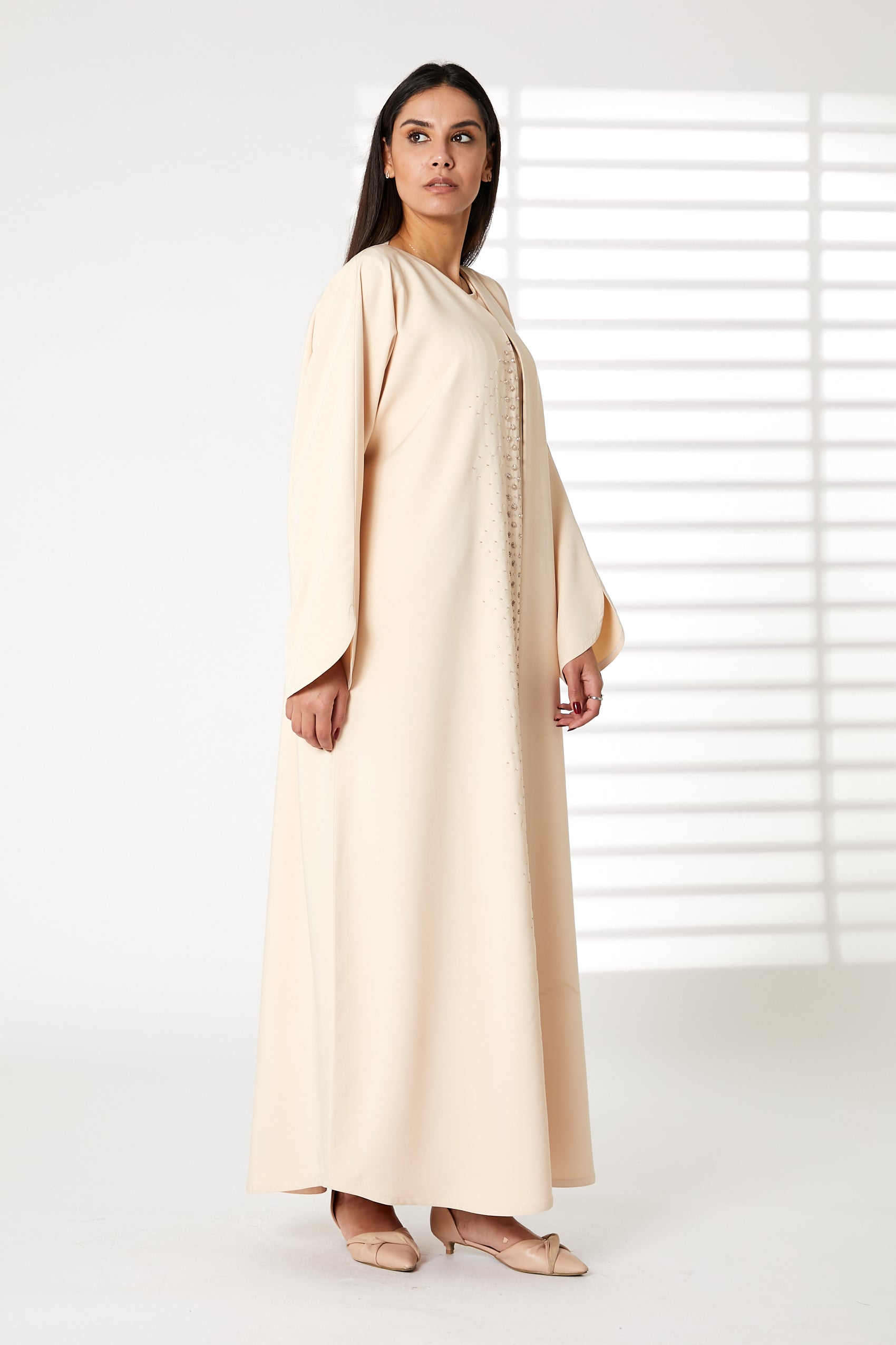 MOiSTREET Peach Front Embroidered Nida Open Abaya