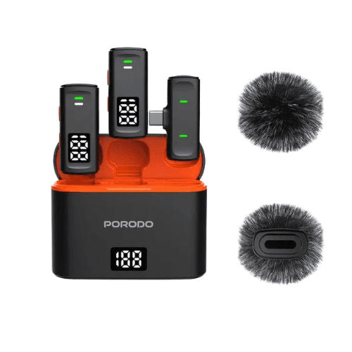 PORODO - طوق لاسلكي مزود بميكروفون مزدوج مع علبة شحن ومحول Lightning - أسود