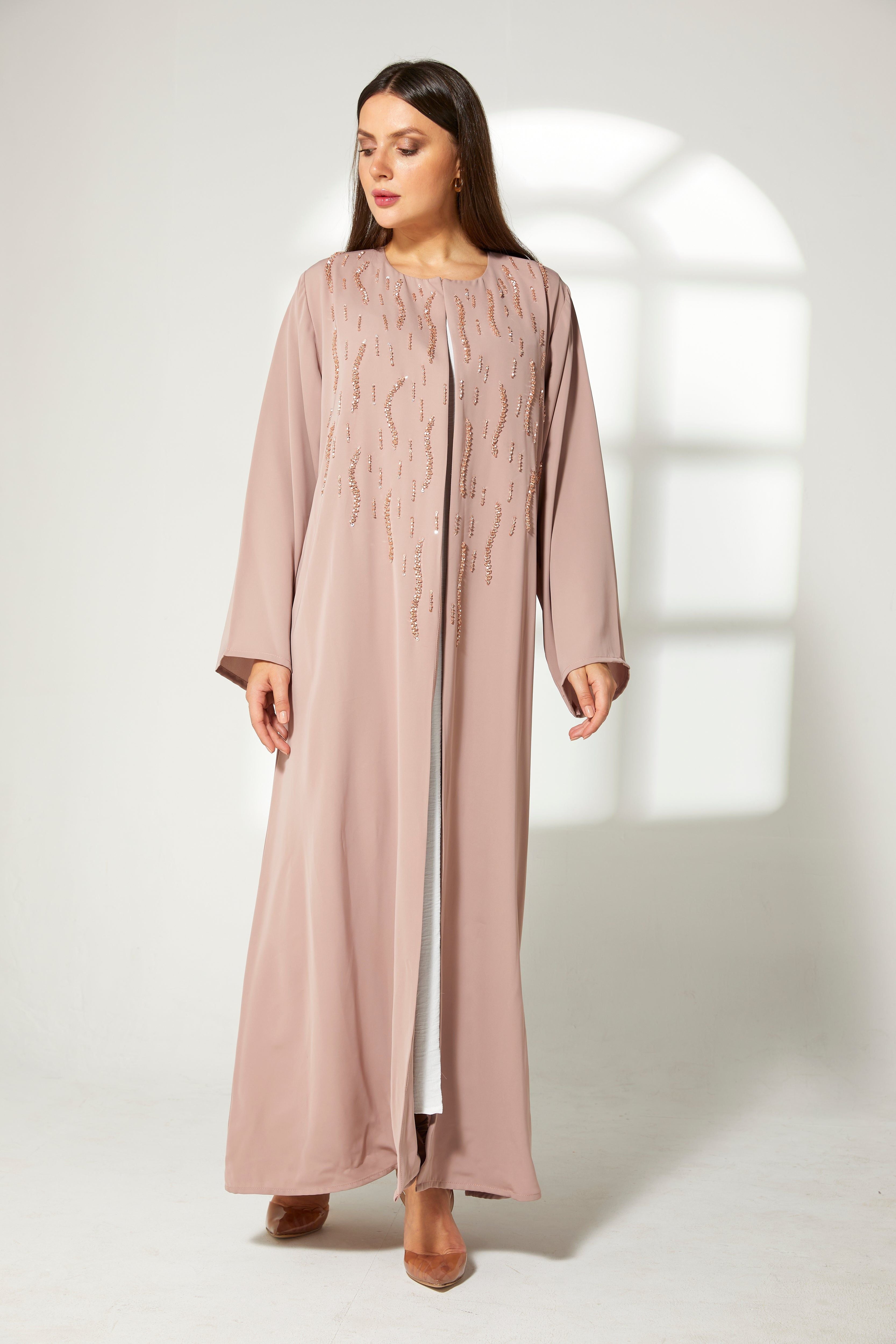 MOiSTREET Tan Korean Nida Front Embroidered Abaya
