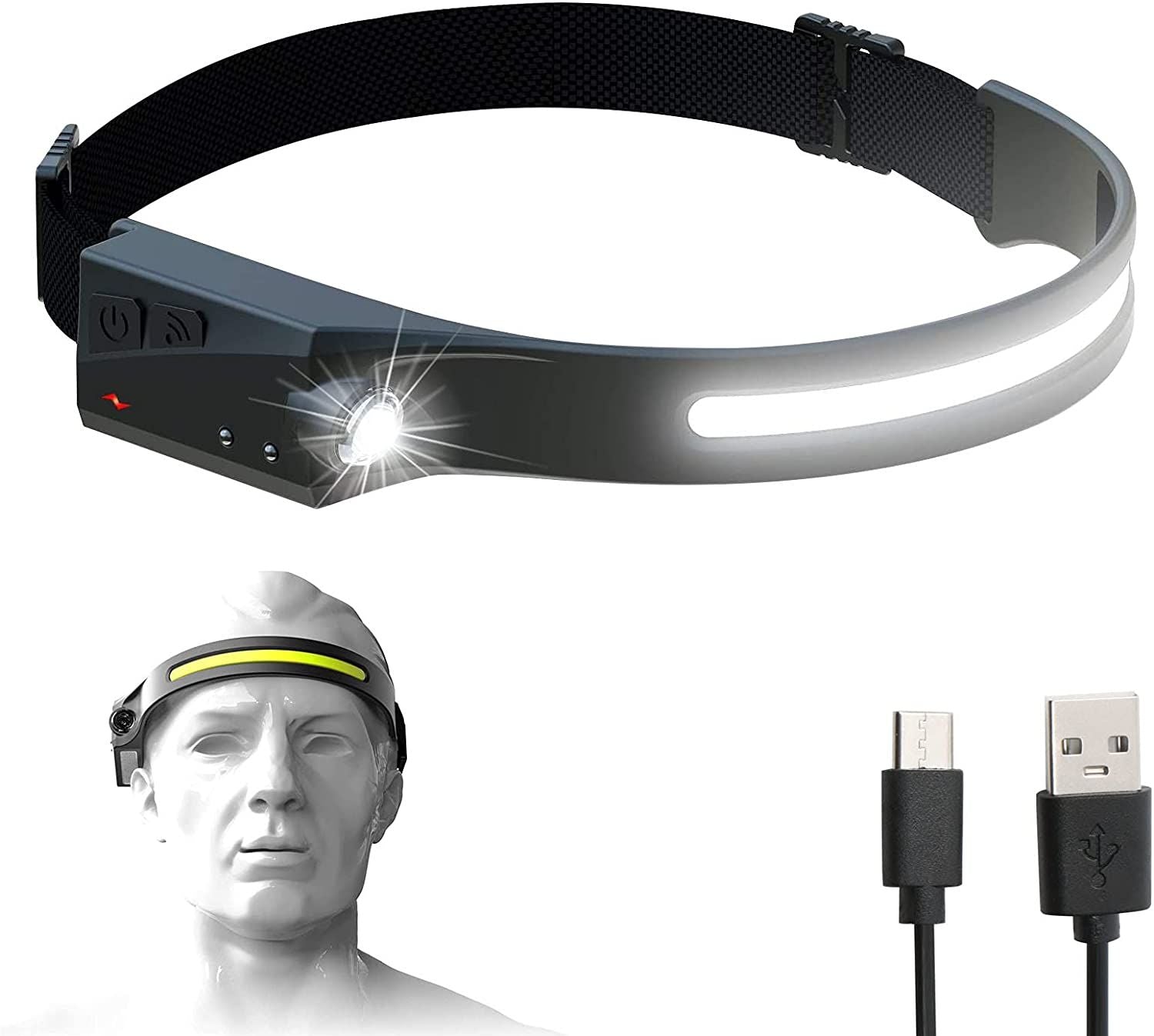 LED Headlamp Waterproof Motion Sensor Headlight 4 Modes For Camping Running Cycling