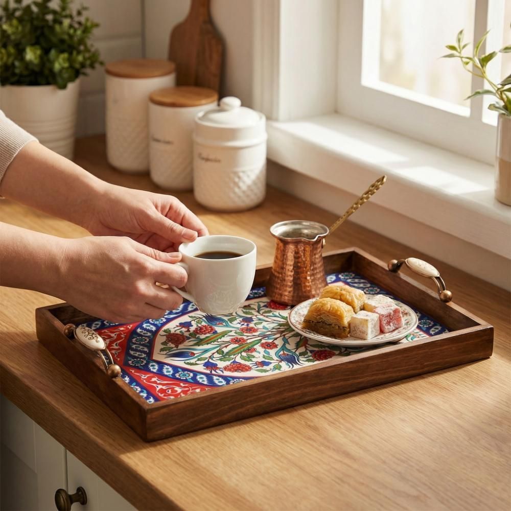 Handmade Wooden Serving Tray with Turkish Ceramic Tile Decor