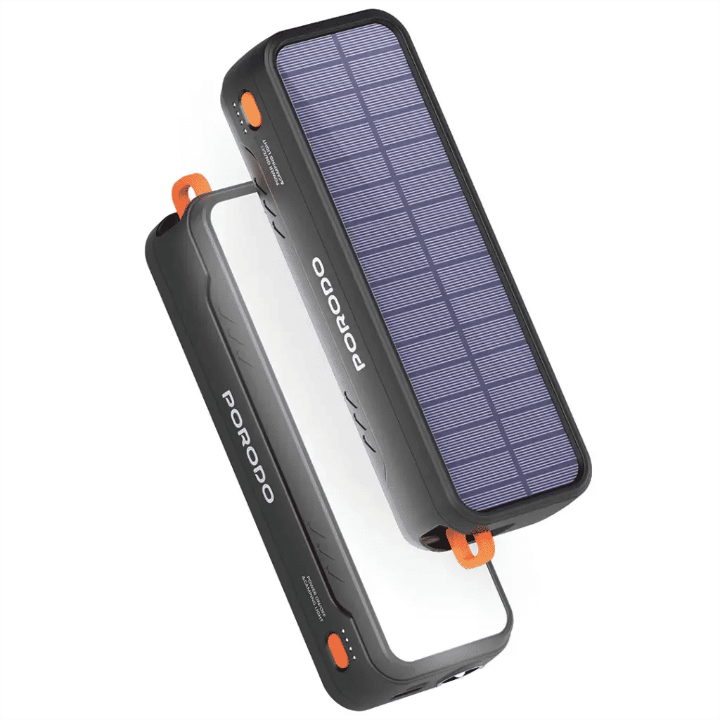 Porodo Solar-Powered 20000mAh Power Bank with Dual USB, LED Flashlight & Outdoor Design, Black