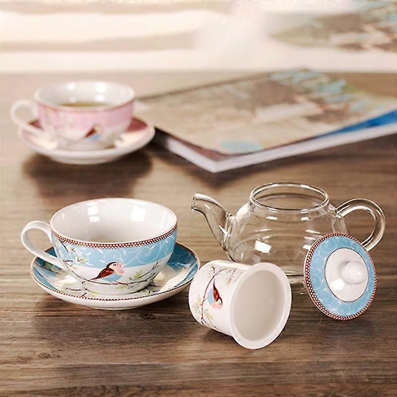Ceramic Flower Teapot Flower Bird Cup Saucer Heat-Resistant Glass Pot Set Coffee Cup Afternoon Tea Tea Set Pink