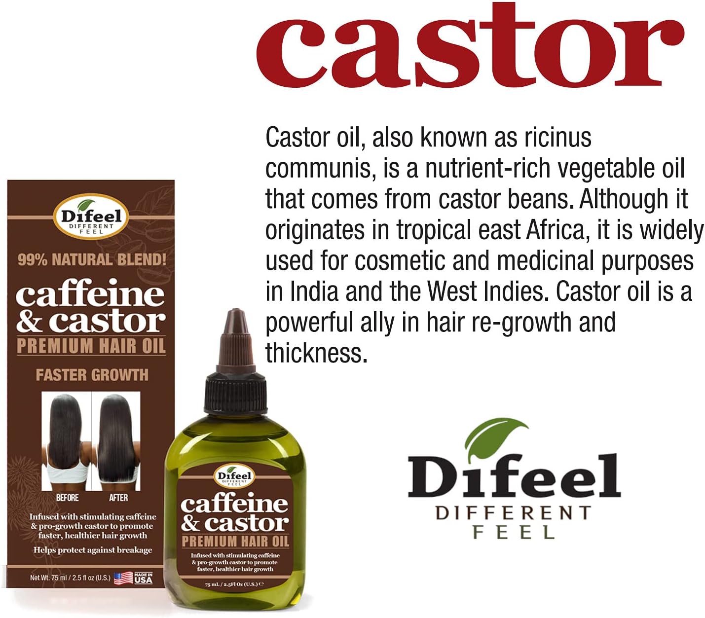 Difeel Caffeine & Castor Premium Hair Oil 75Ml