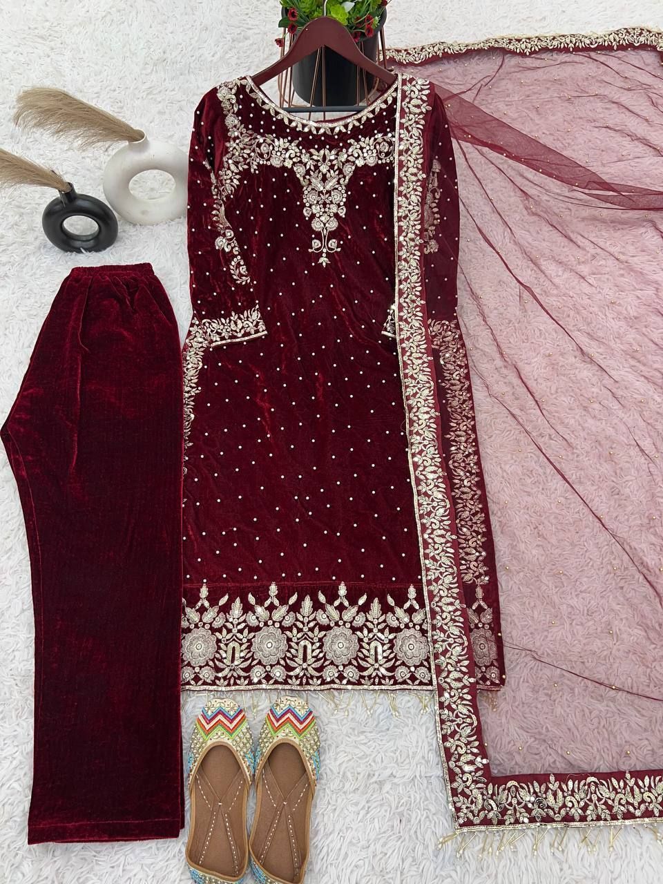 Fab Zone Velvet Embroidered Suit with Dupatta and Stitched Bottom
