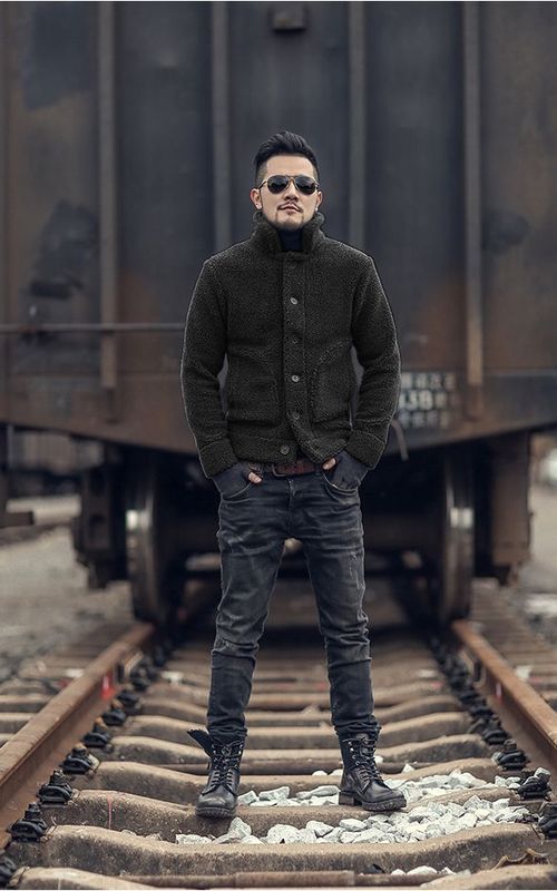 Men Winter Furry Jacket Warm Short Slim Cardigan Casual Thick Coat With Pocket
