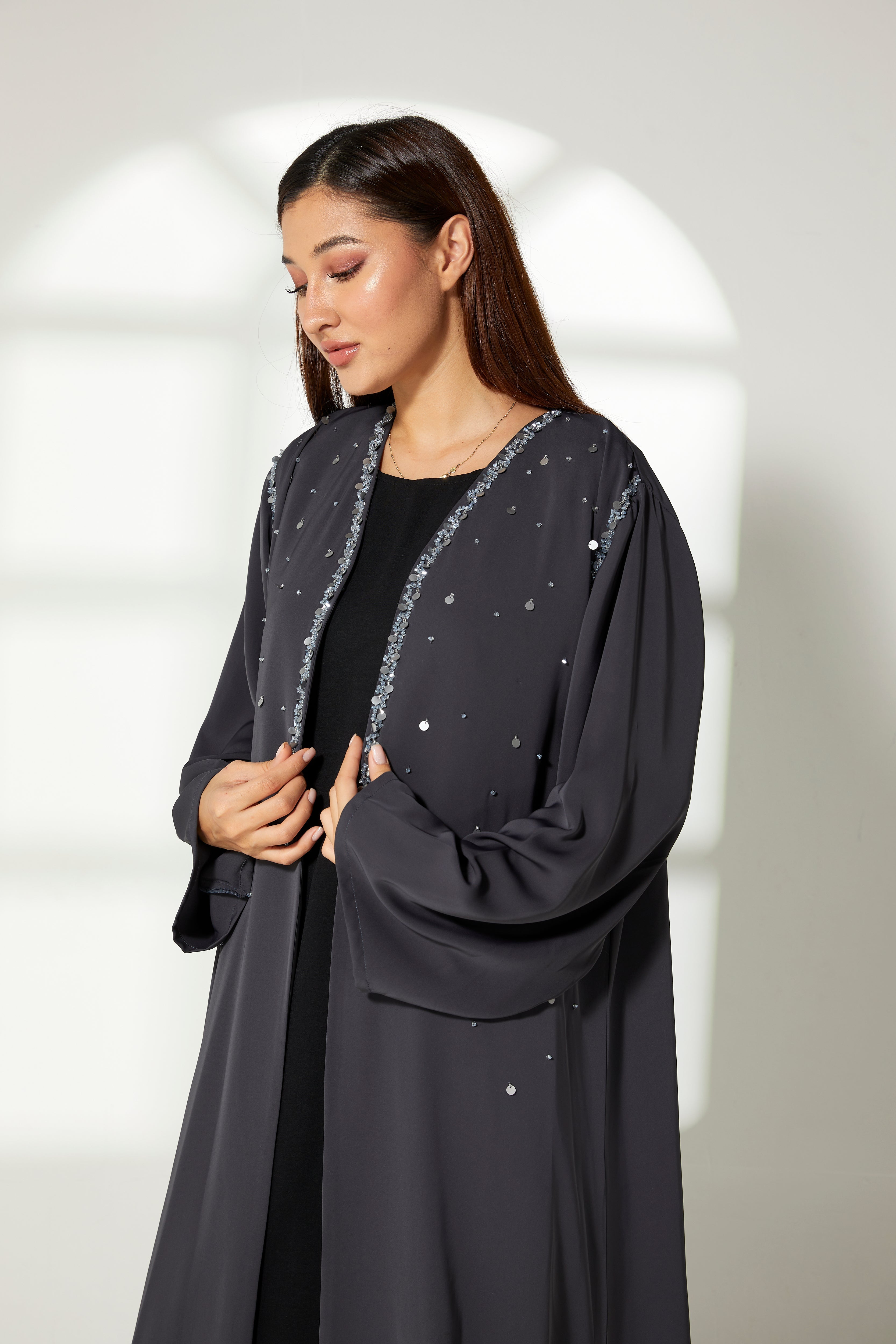 MOiSTREET Grey Korean Nida Embroidery Abaya
