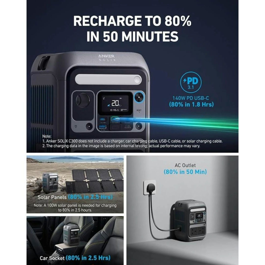 Anker SOLIX C300X Portable Power Station, 300W, 600W Peak, Solar Ready, Fast Recharge