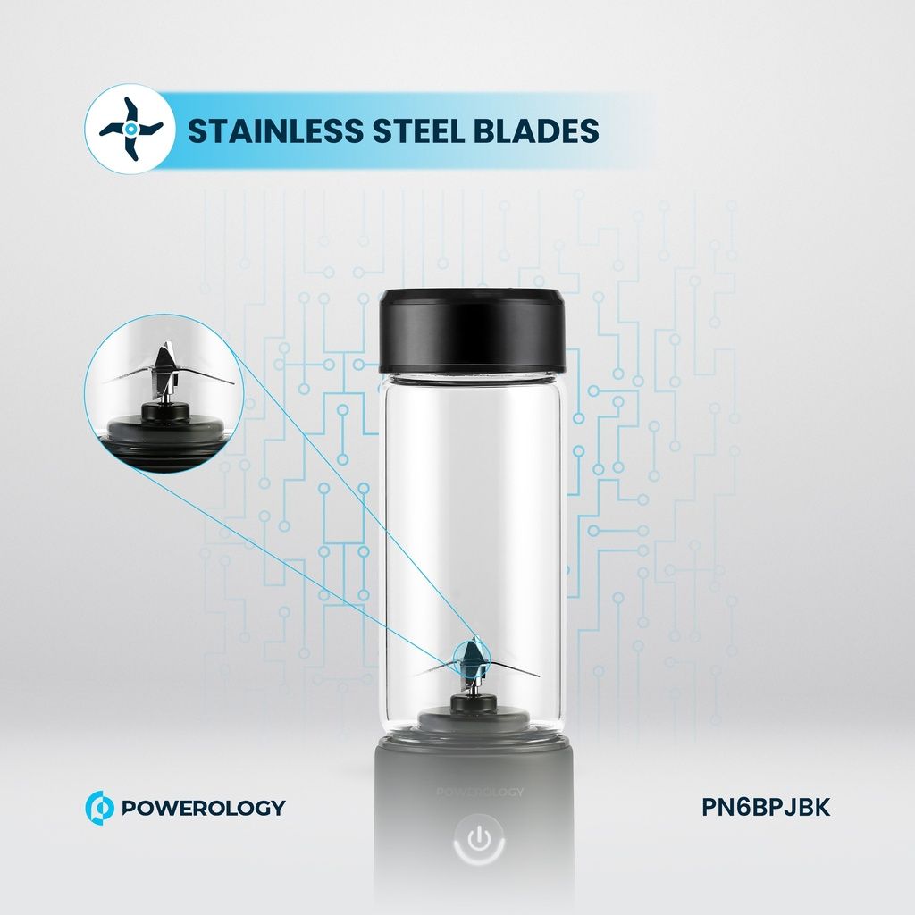 Powerology Blendex Portable Blender 450mL 126W, 6-Blade Rechargeable Personal Juicer, Black