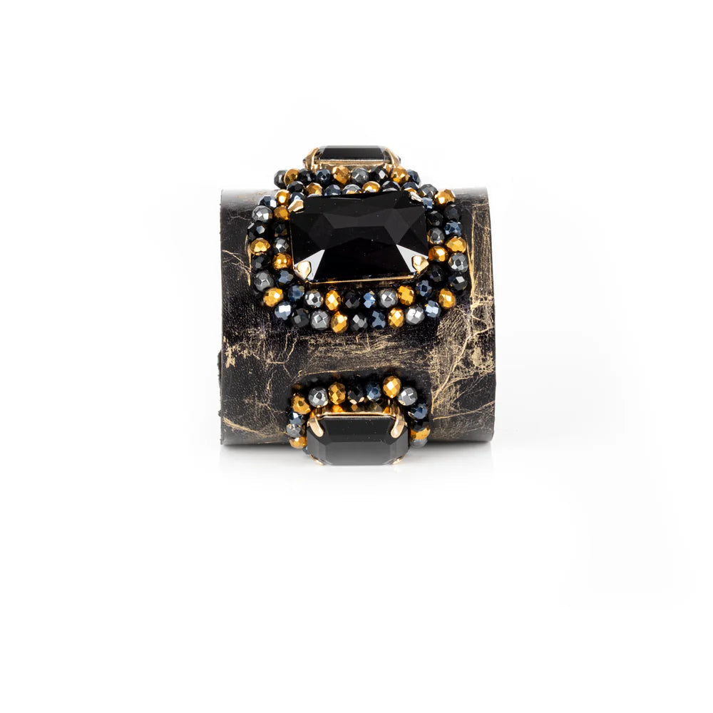 The Dark Black Crystal Embellished Leather Statement Cuff Bracelet