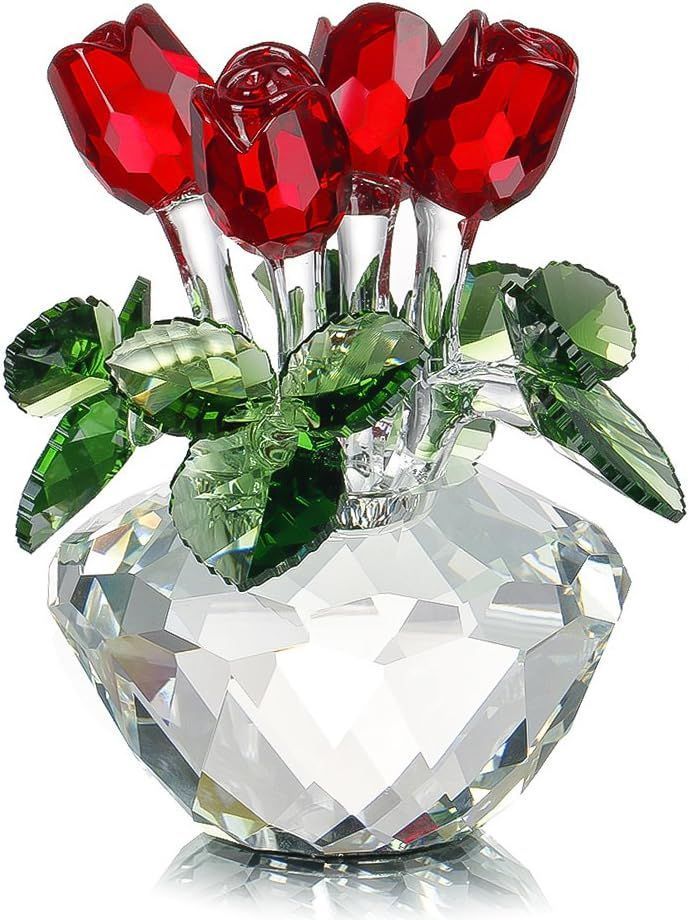 Red Rose Figurine Ornament Spring Bouquet Crystal Glass Car Decoration Valentines Day Gift