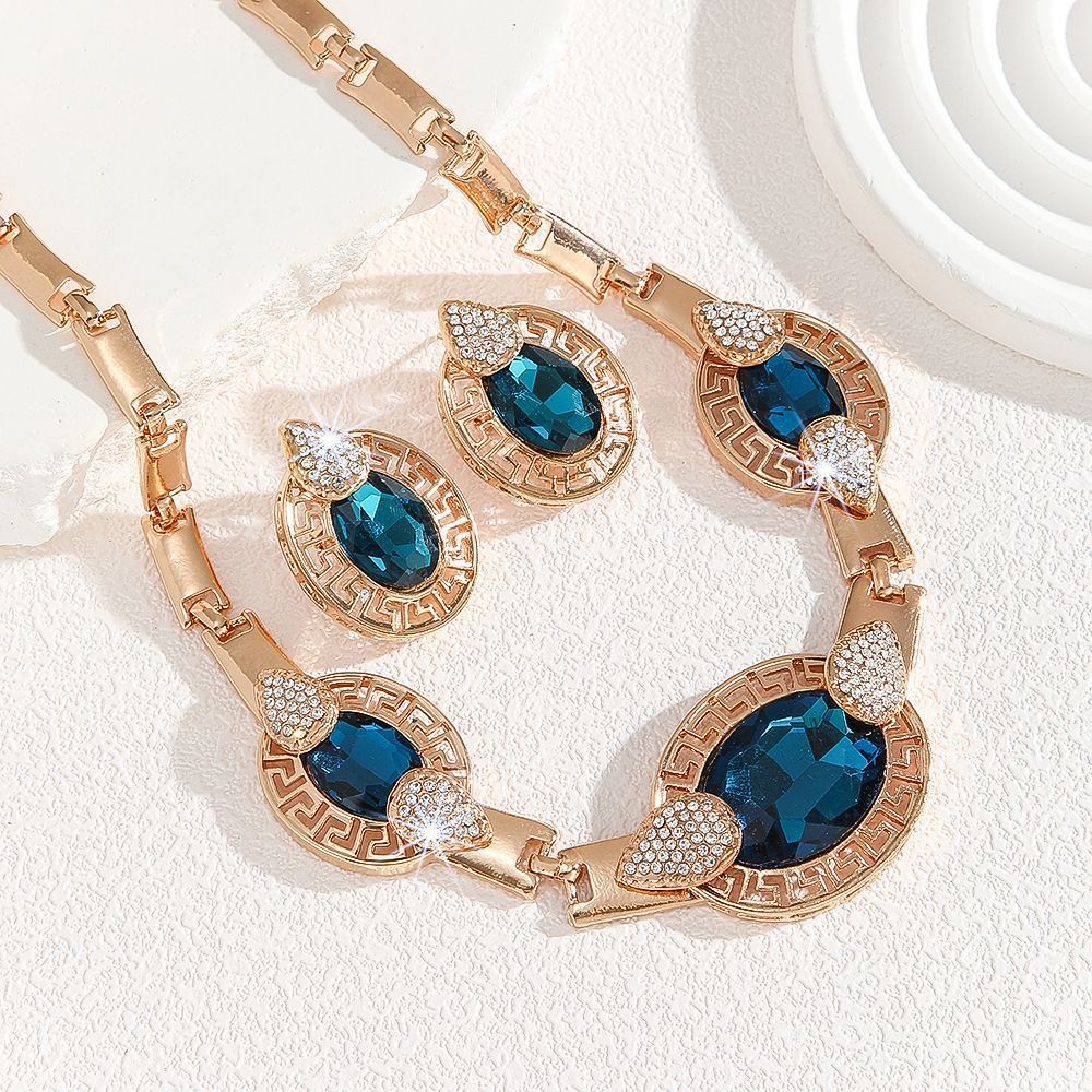 Elegant Blue Crystal Gold-plated Necklace and Earrings Set Women Jewelry