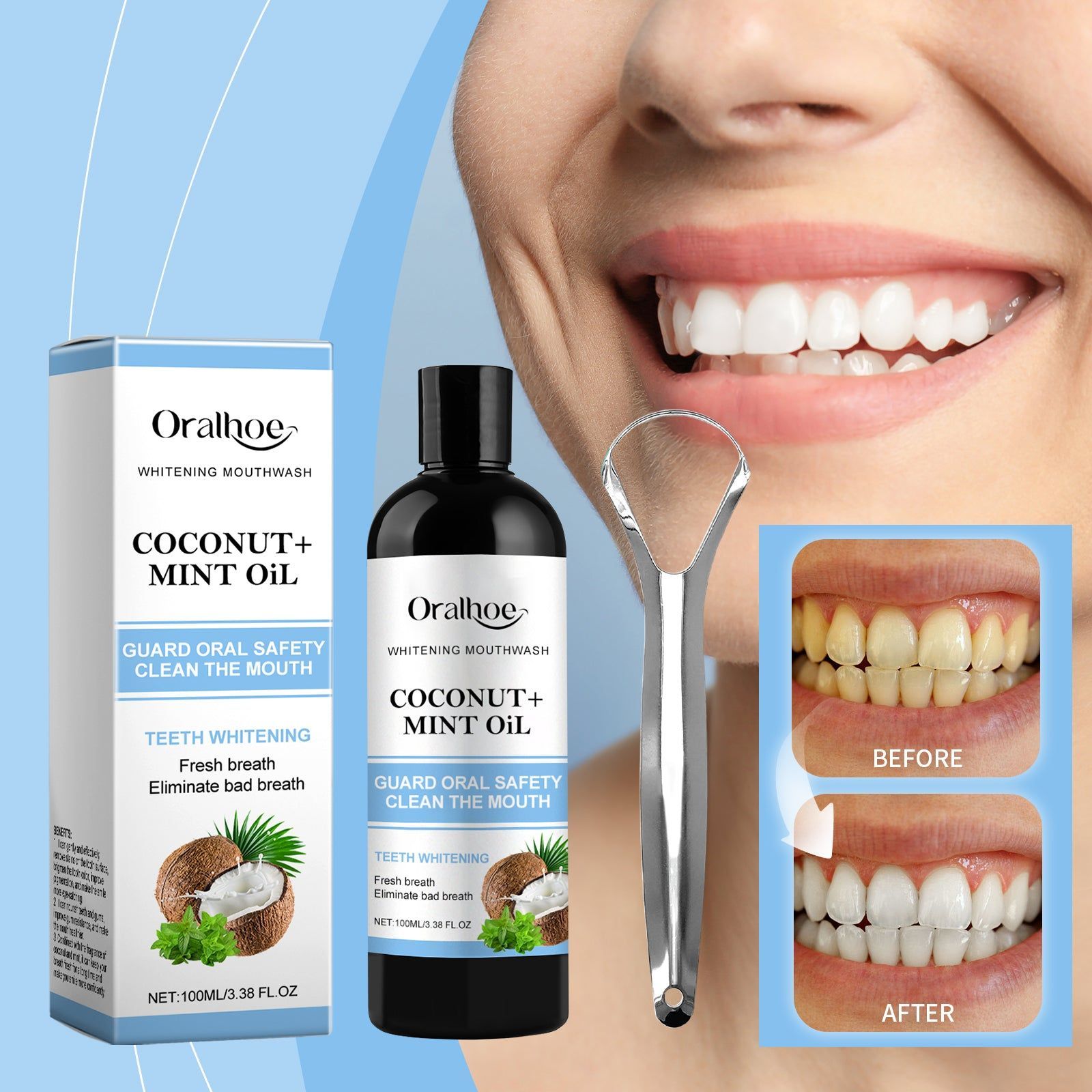 Coconut Mint Teeth Whitening Oil, Fresh Breath, Stain Removal, Oral Care, Natural, Anti-Aging ,1set