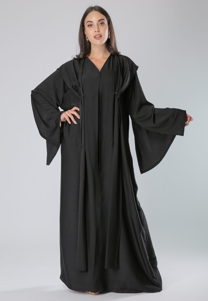 MOiSTREET Crepe Black Bell Sleeves Knotted Layer Abaya