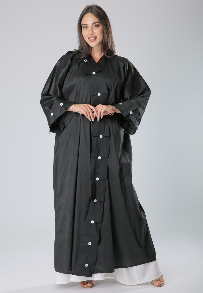MOiSTREET Hindi Harir Black Pleats Buttons Lace Abaya