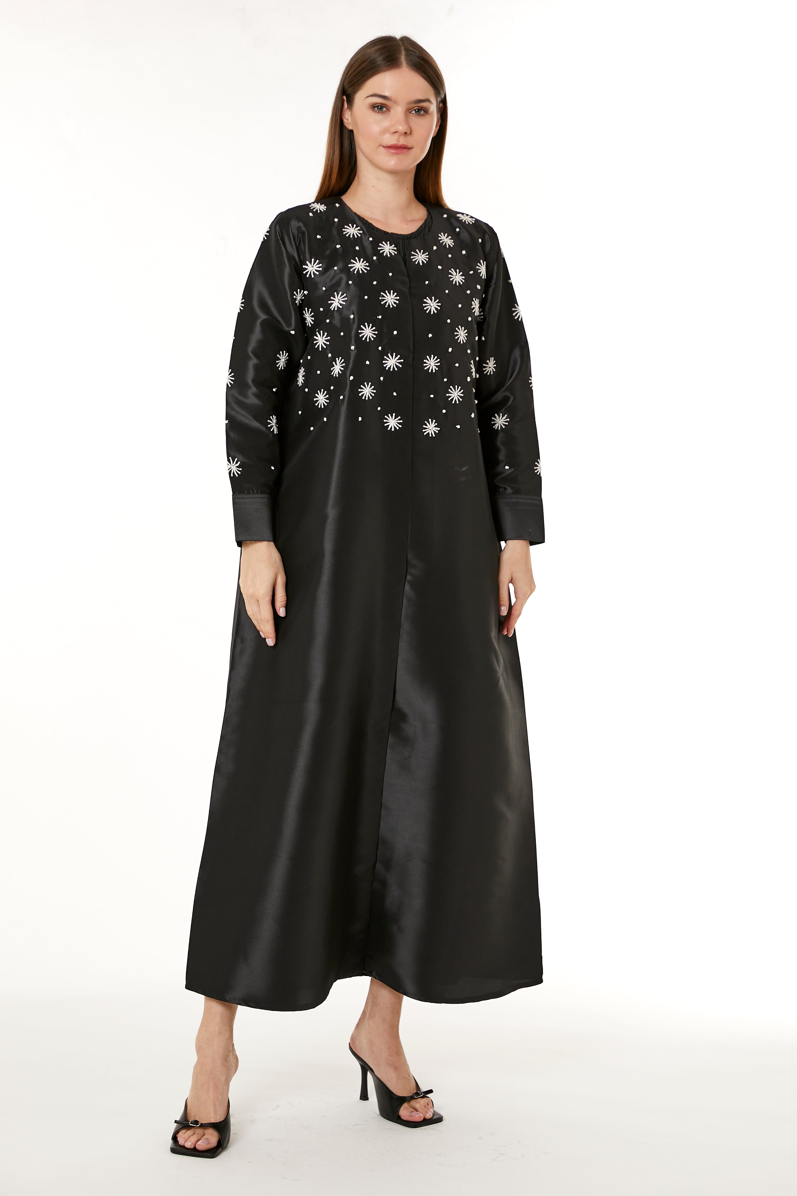 Black Victoria Satin Embroidered Abaya