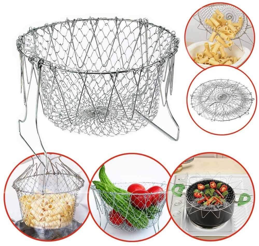 Foldable Frying Basket Stainless Steel Extendable Drain Rack Kitchen Utensil Cooking Net