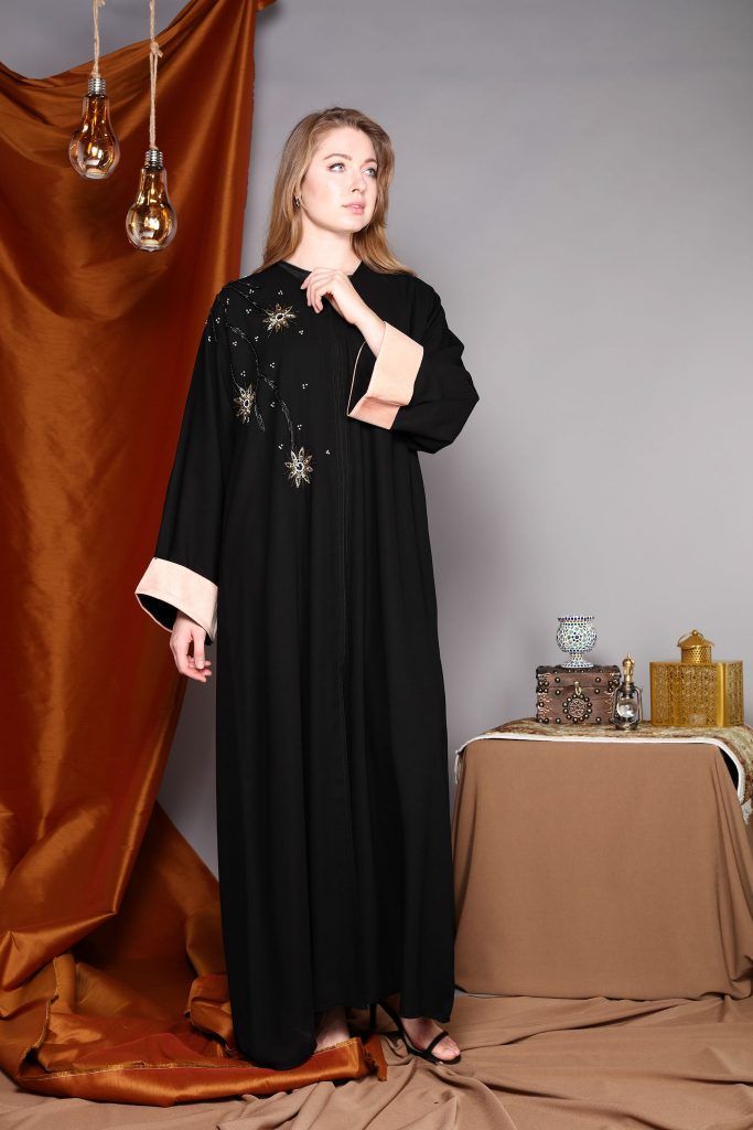 MOiSTREET Golden Embroidery with Contrast Cuffs Abaya