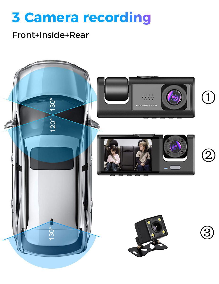 Car Dash Cam 3 Channel Car DVR Driving Recorder With Night Vision Parking Monitor