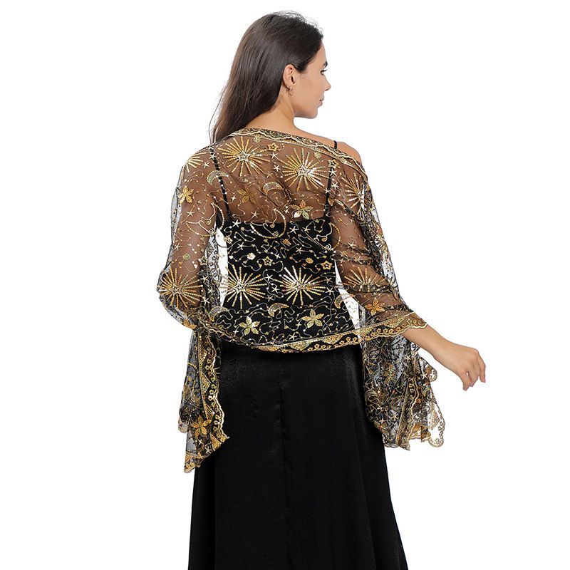Black Gold Star Moon Embroidered Shawl Cape for Women