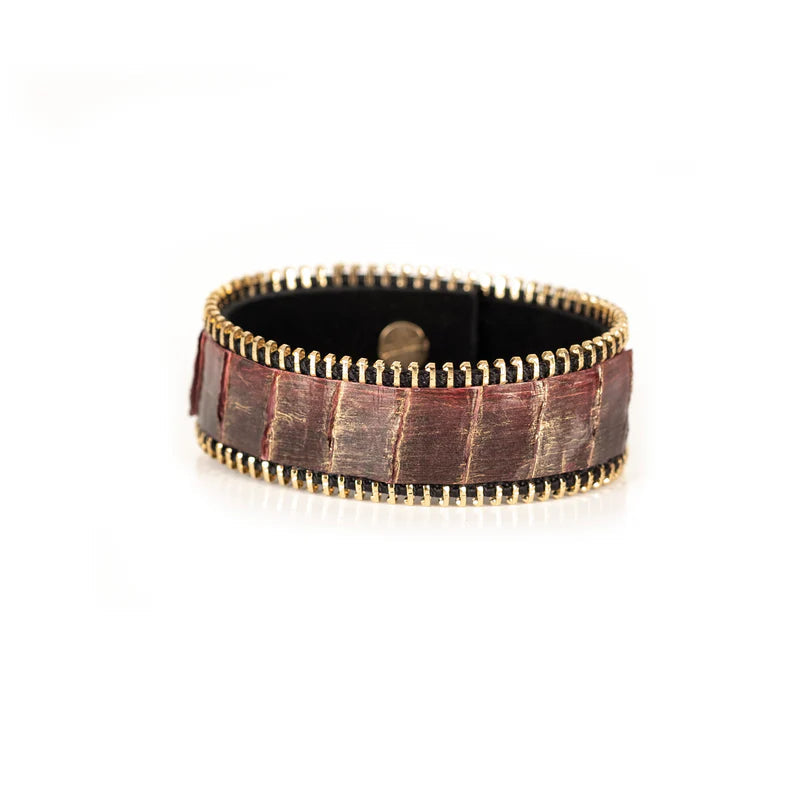 The Dark Burgundy Crocodile Leather Cuff with Gold Zipper Edges