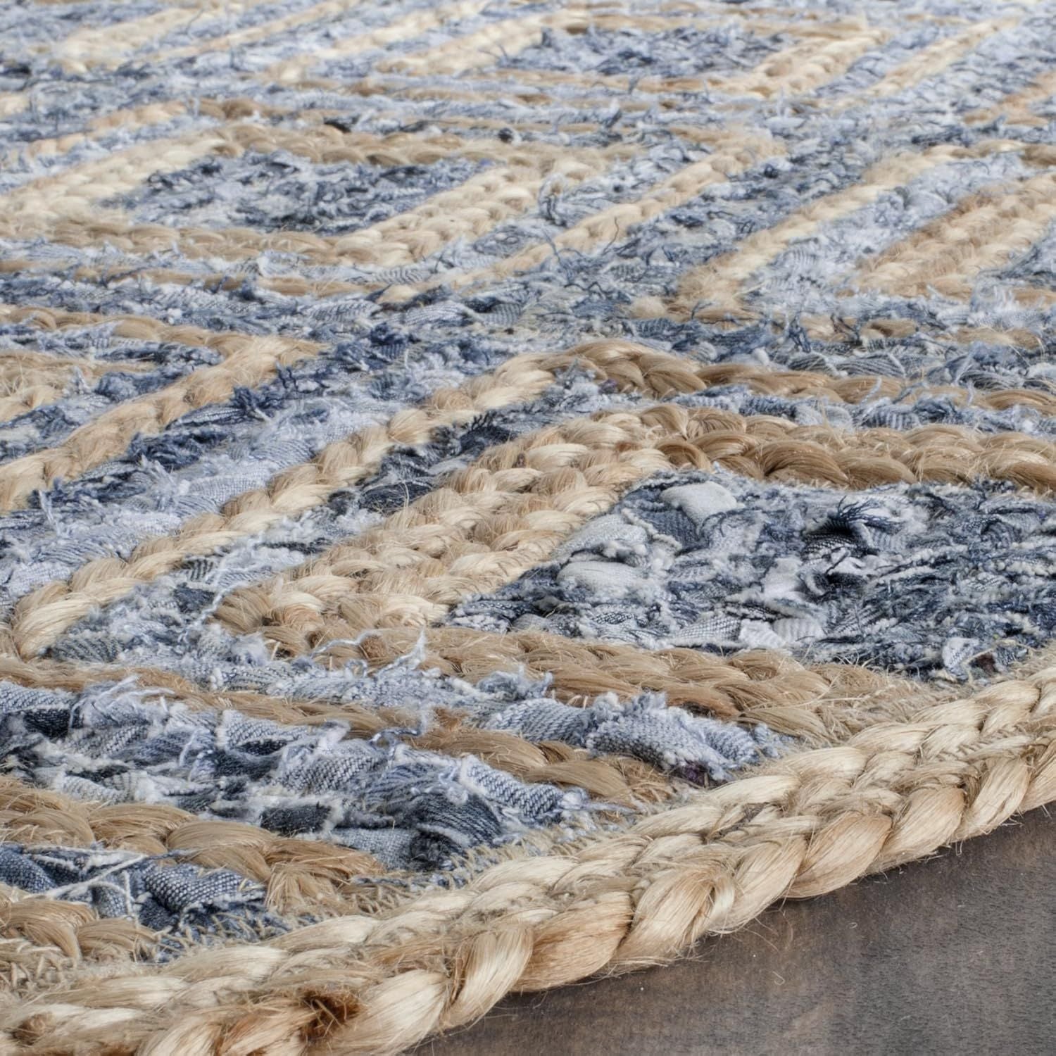 Denim Jute Rectangular Rug Diamond Pattern | Blue Beige Handwoven Area Carpet