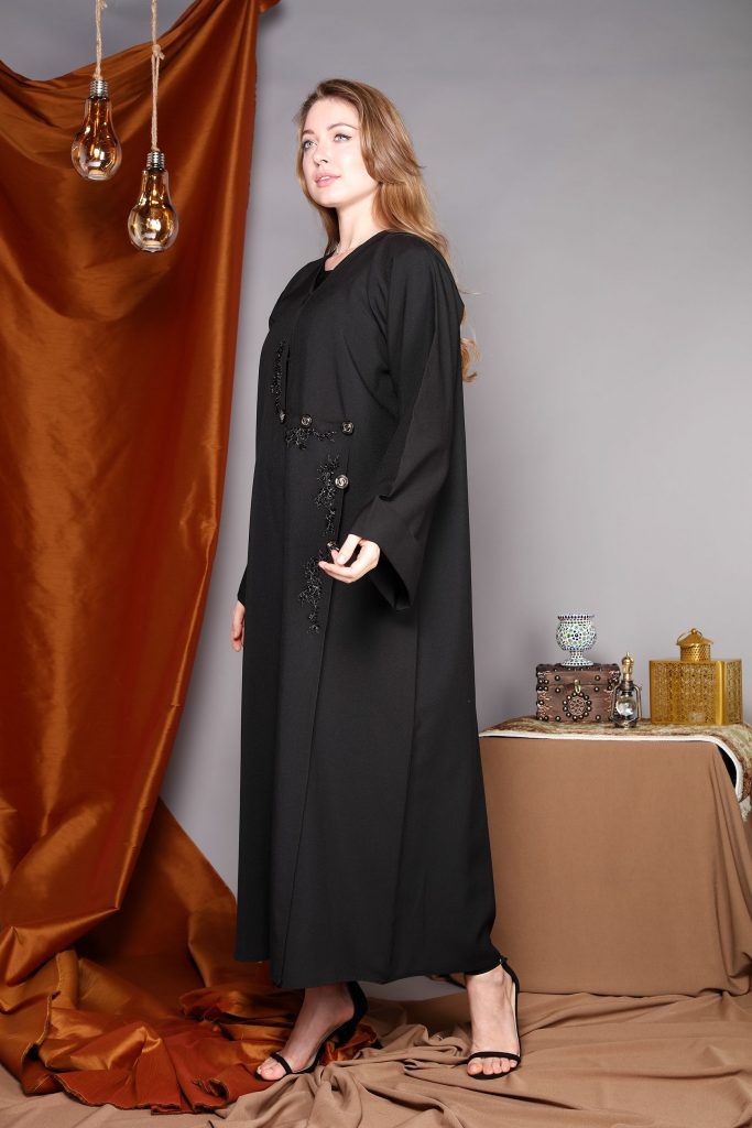 MOiSTREET Black Wrap Around Abaya with Hand Embroidery and Button Detailing