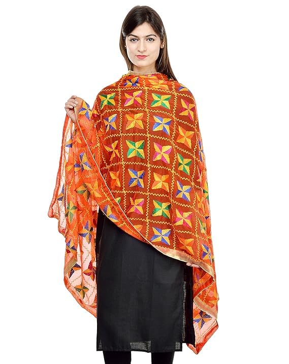 Punjabi Hand Embroidery Phulkari Faux Chiffon Dupatta, Stoles