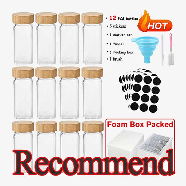 12 PCS Glass Spice Jars with Wooden Lids - Airtight, Elegant Storage Containers for Spices & Herbs