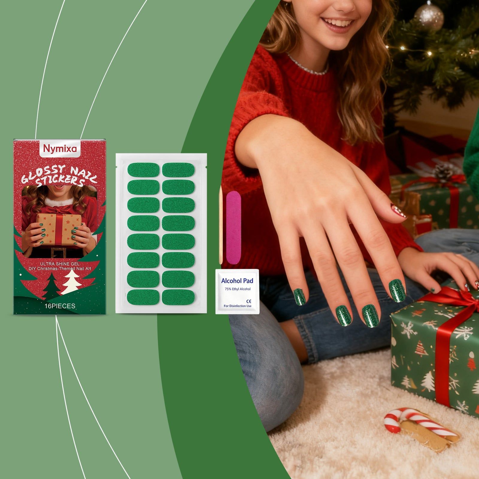 Colorful Christmas Soft Gel Nail Stickers, Easy DIY Nail Art, Festive Holiday Manicure ,1set