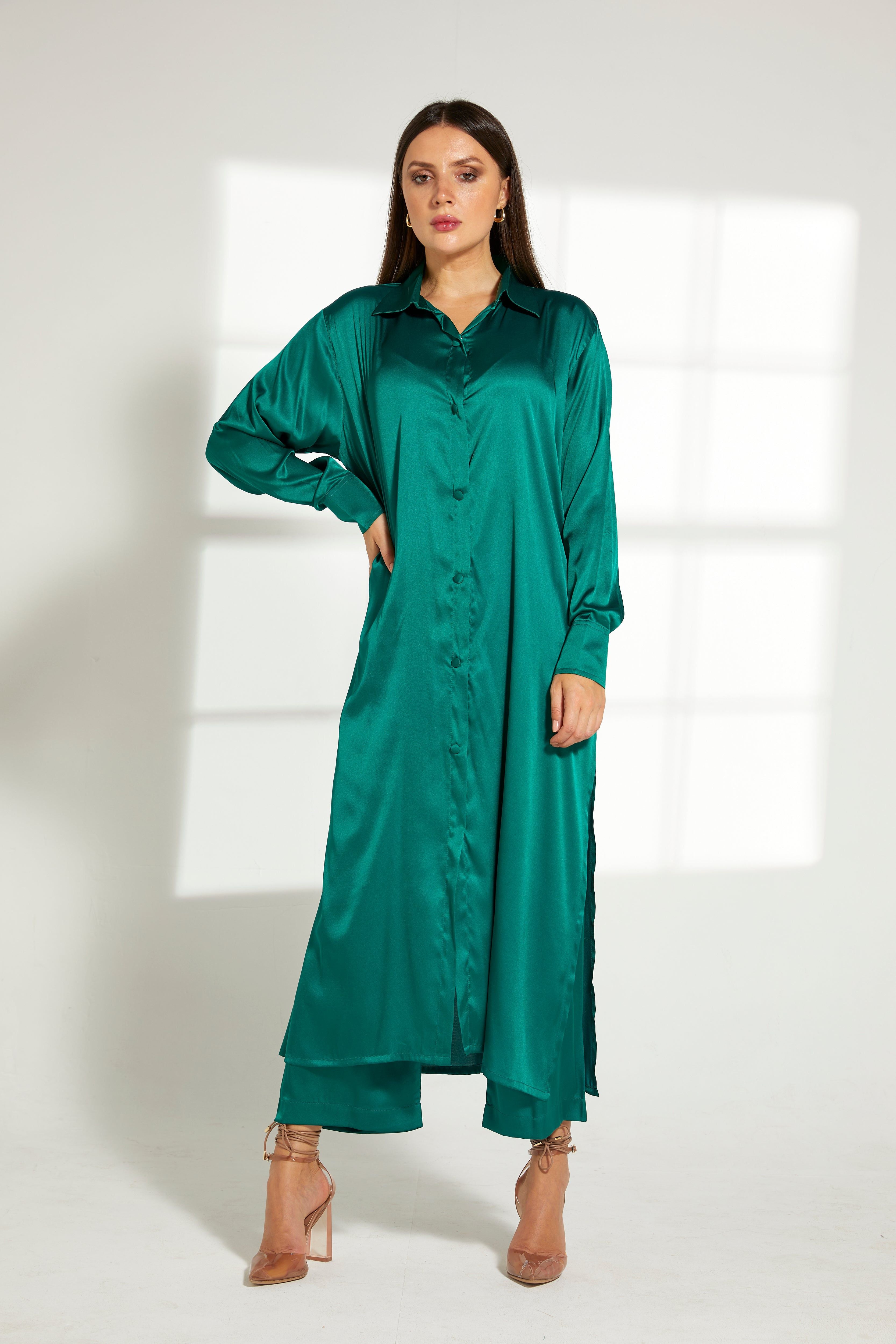 MOiSTREET Green Silk Fabric Top and Pants Set
