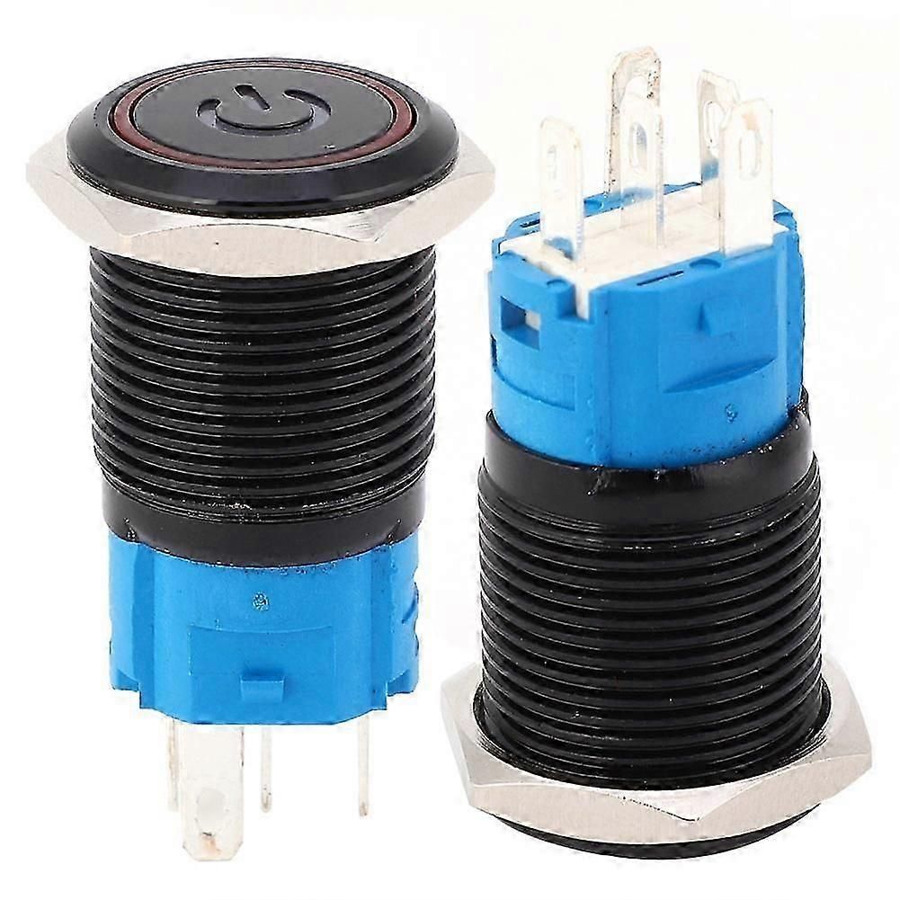 2pcs Black Self Locking Metal Switch Ip65 Protection With Led Lamp And Symbol 16mm(red 12vdc)