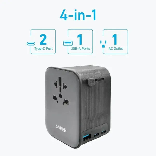 Anker Nano Travel Adapter 4-in-1, 65W Fast Charging, USB-C, USB-A & AC Outlet, Black