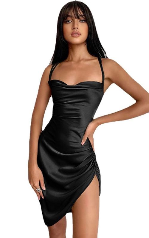 Sexy Dungaree Dress Back Hollow Out Cami Dress Satin Ruched Bodycon Dress