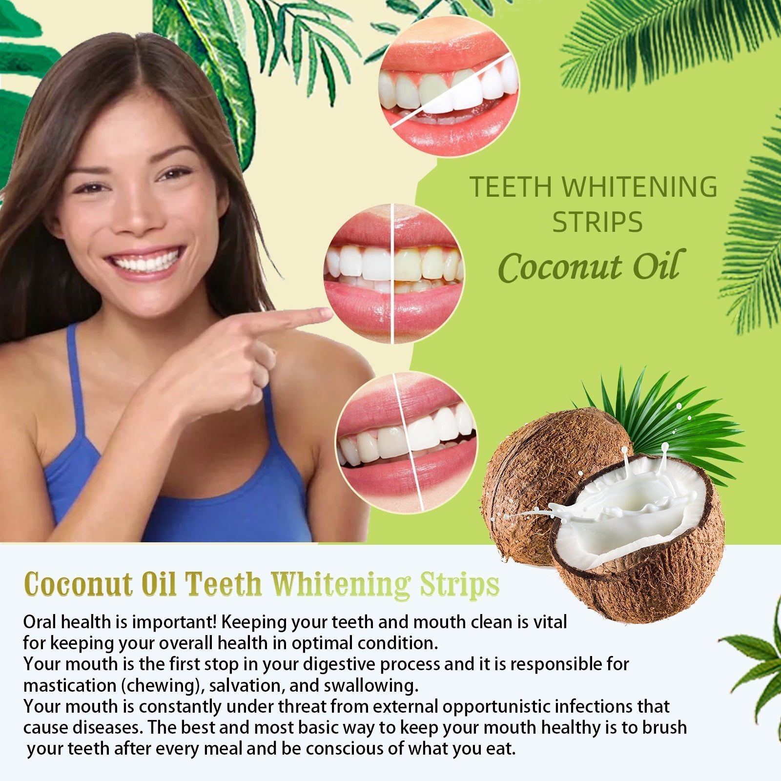 Coconut Oil Whitening Strips for Tartar Stain Care, Brighten Teeth, Remove Plaque ,1pcs