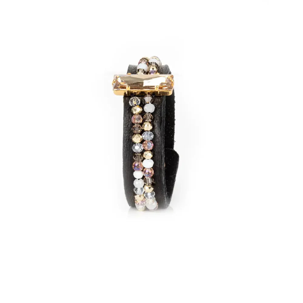 The Dark Black Leather Cuff with Champagne Crystal Bar and Vertical