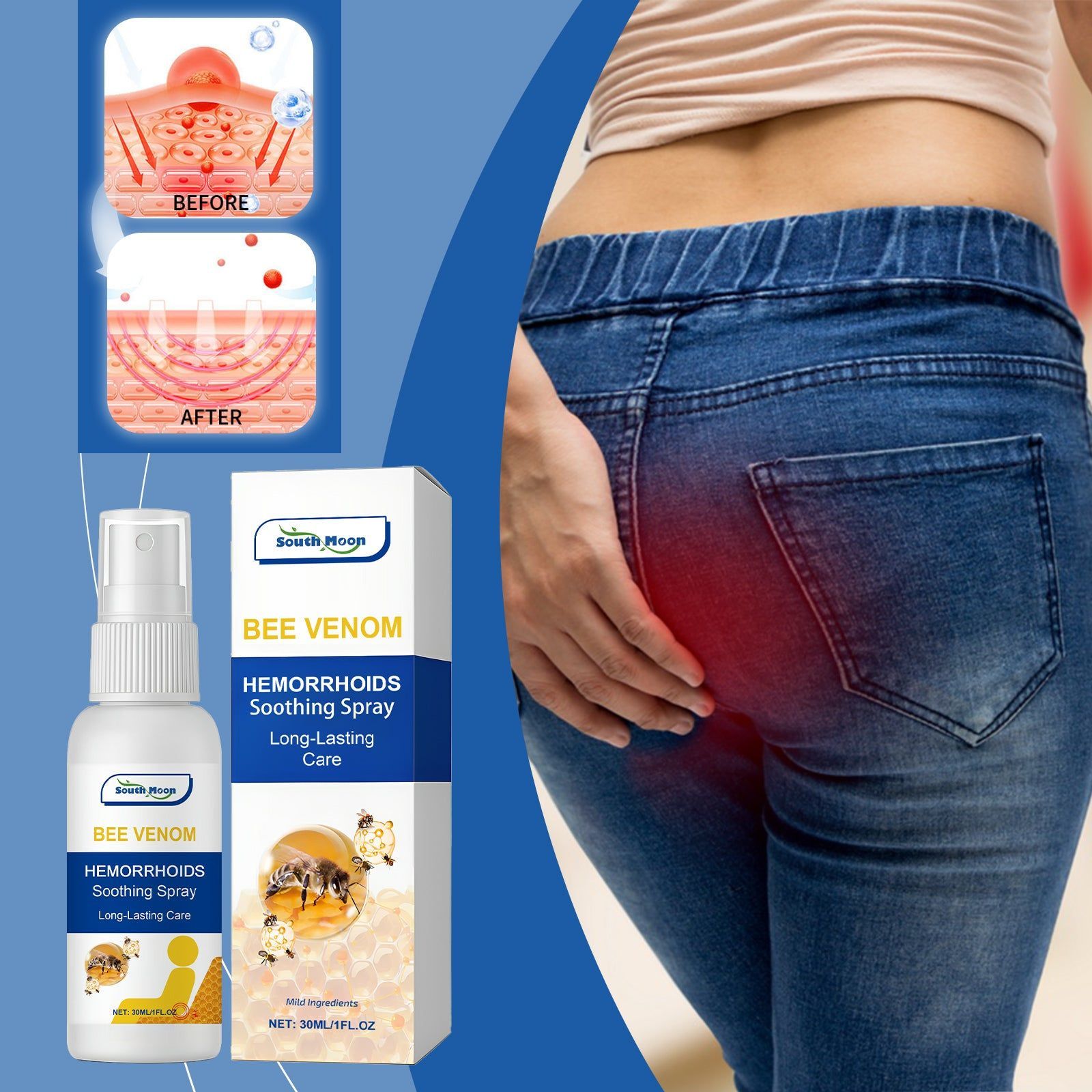Bee Venom Body Care Spray, Gentle Hemorrhoid Relief, Soothes Irritated Skin ,30ml