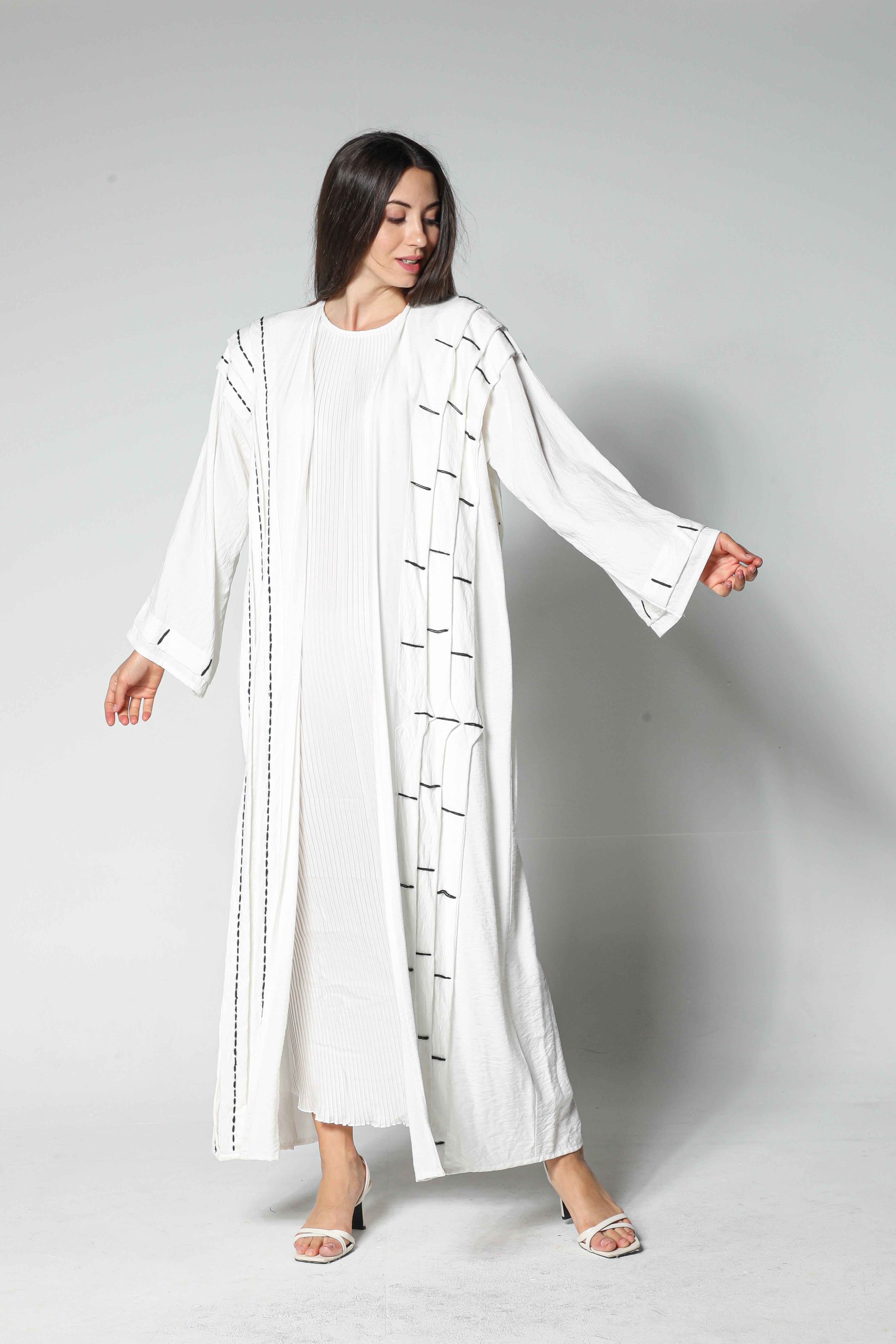 MOiSTREET Linen Abaya with Black Thread Work