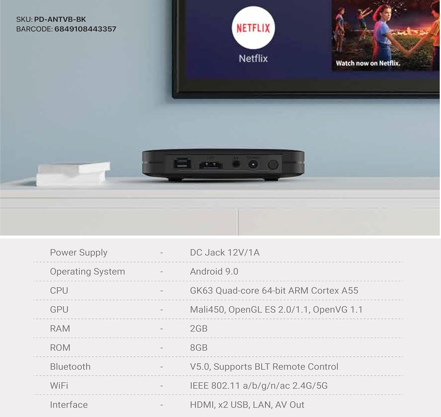 Porodo Android TV Box Video Streaming 1080 Full HD, Black, 2GB RAM/8GB ROM