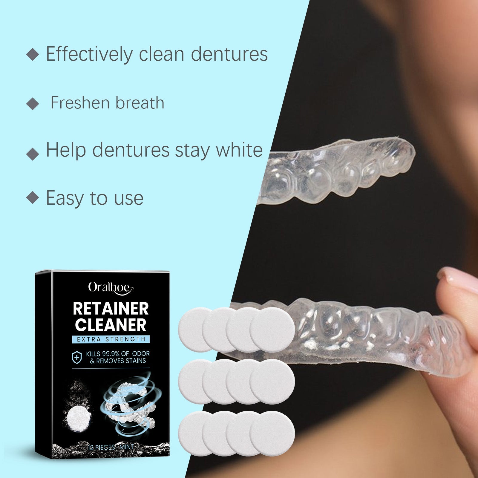 Denture Cleaning Tablets, Fresh Breath, Stain Removal, Oral Hygiene, Easy to Use ,12pieces