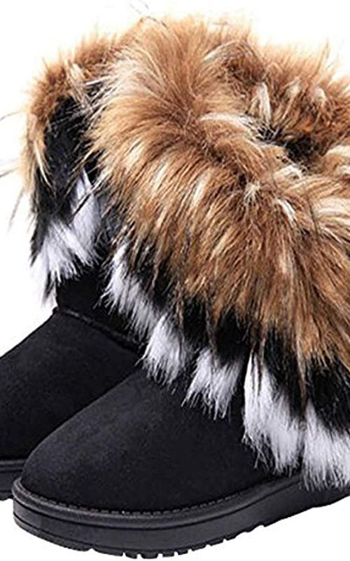 Winter Snow Boots Women Ankle Slip On Boots Faux Fox Rabbit Fur Suede Flat Shoes