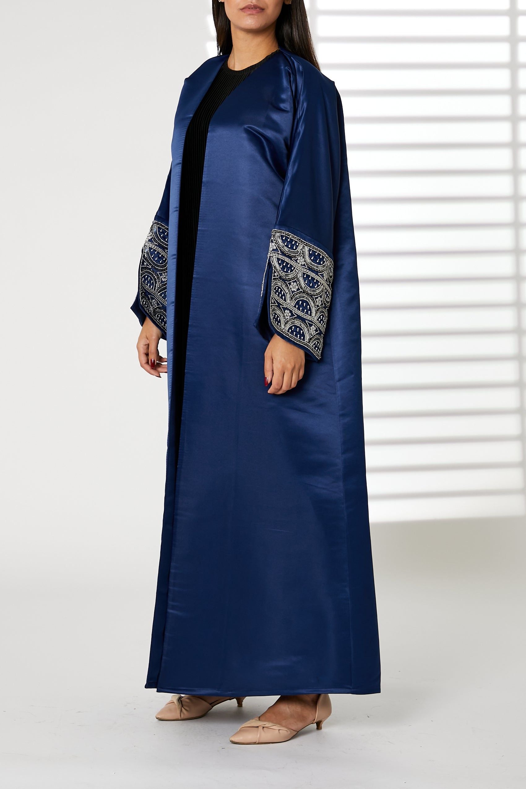 MOiSTREET Navy V-Neck Bridal Satin Split Cuffs Abaya