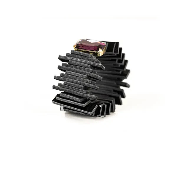 The Dark Black Geometric Leather Cuff Bracelet with Purple Crystal Handmade Statement Bracelet