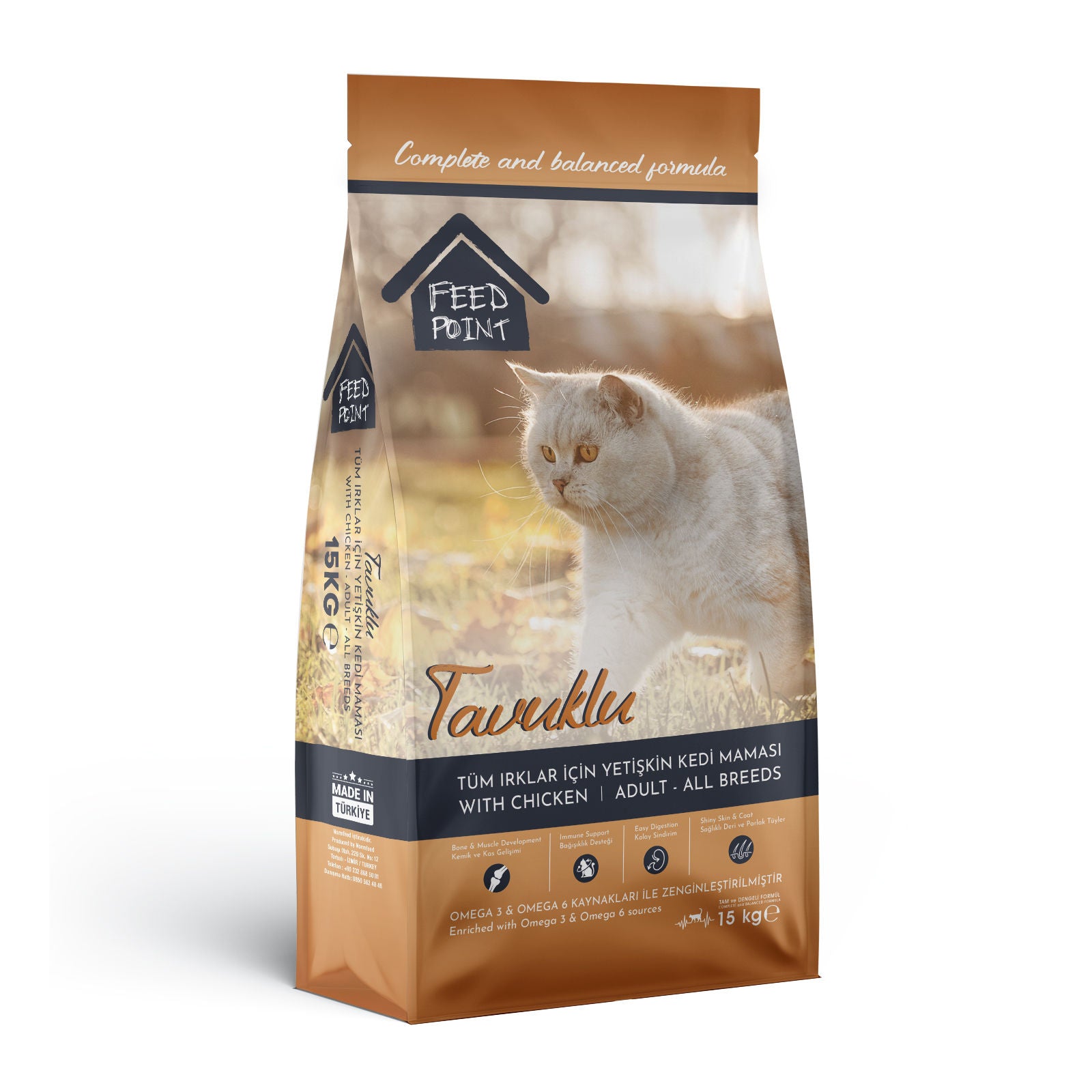 Feed Point Adult Cat Food with Chicken & Rice, High Protein, Shiny Coat & Strong Immunity, Complete Balanced Nutrition, 15kg