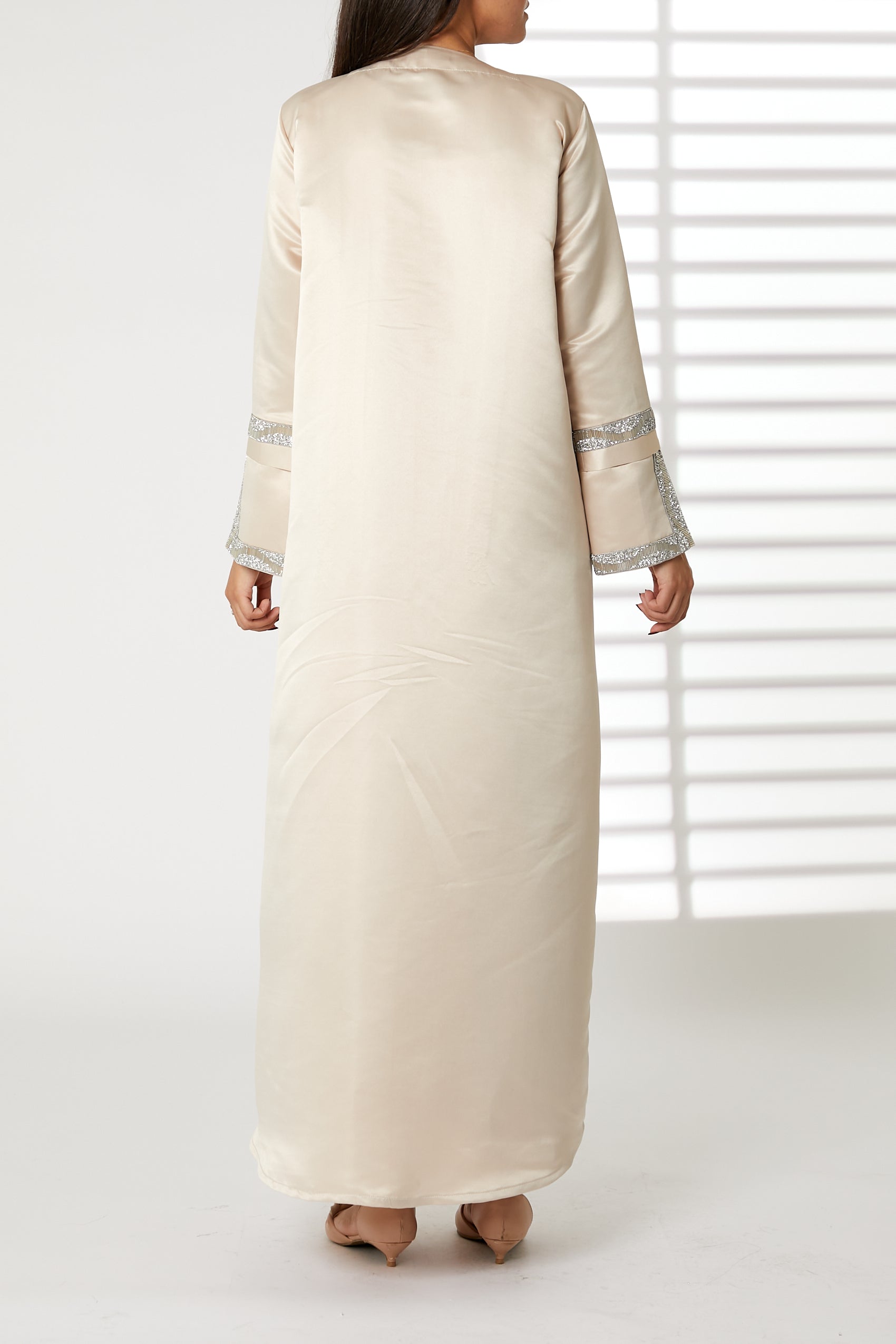 MOiSTREET Peach Bridal Satin Abaya with Split Cuffs